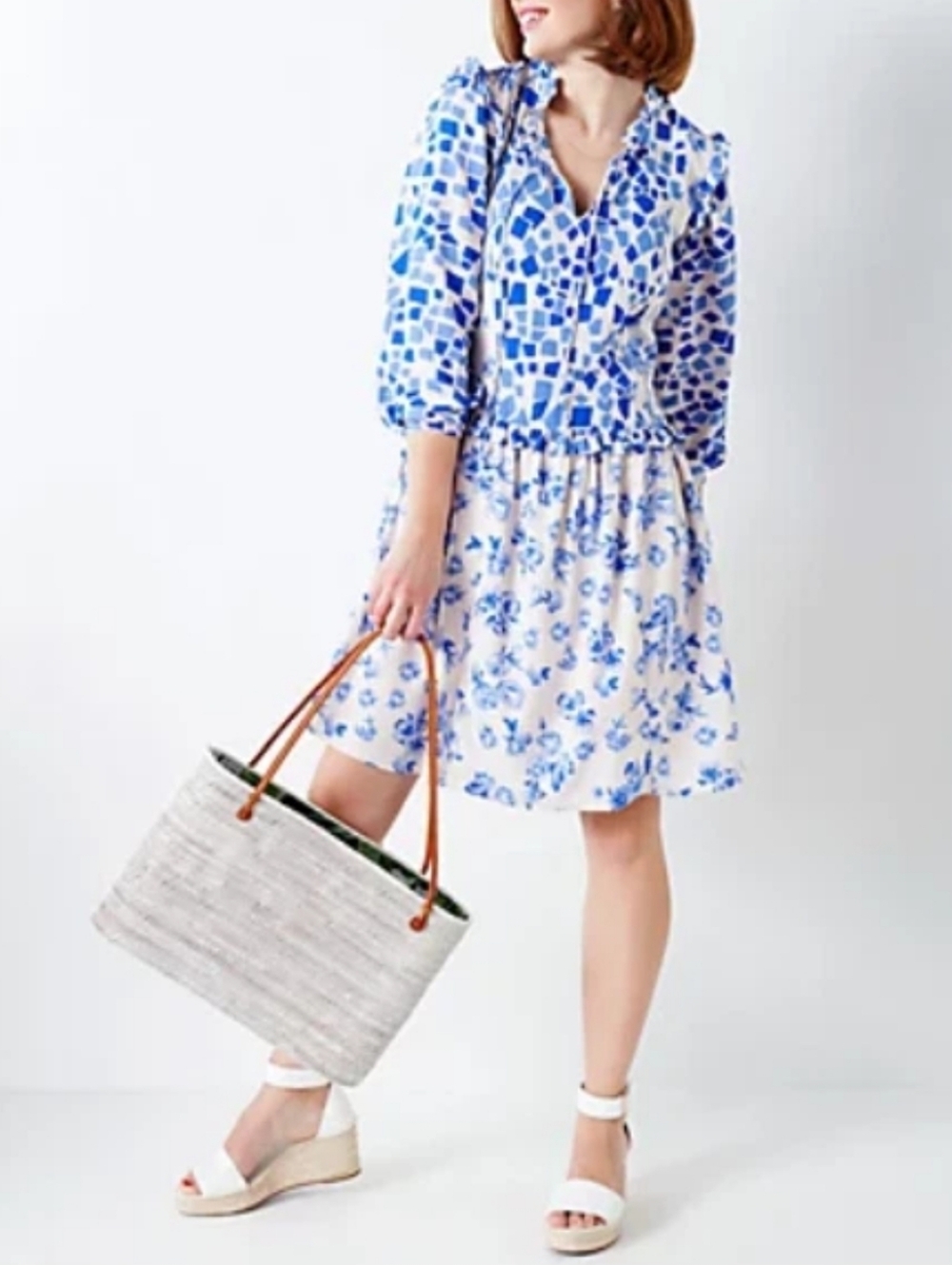 NWT Tolani Dress Mae Geo Floral Blue & White Ruffle Trim Tie Neckline Coastal 2X